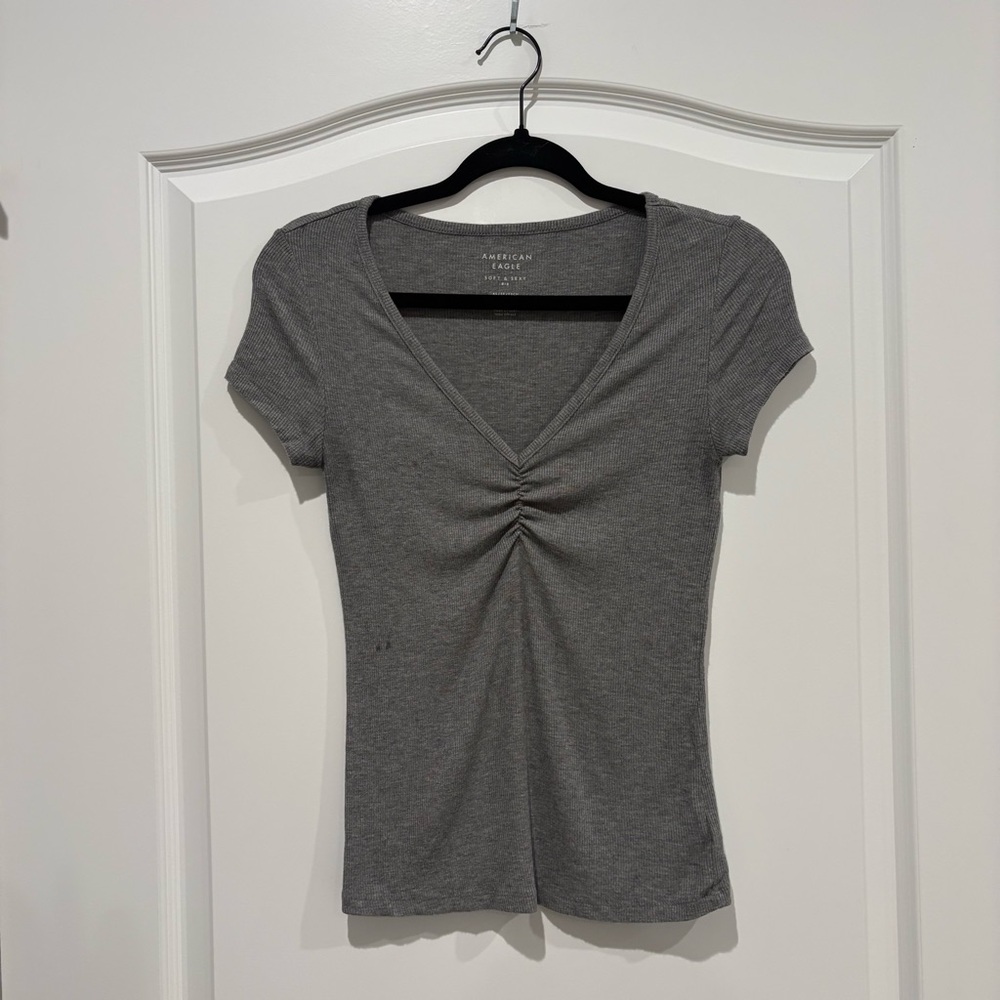 American Eagle Outfitters Gray Ruched V-Neck Tee